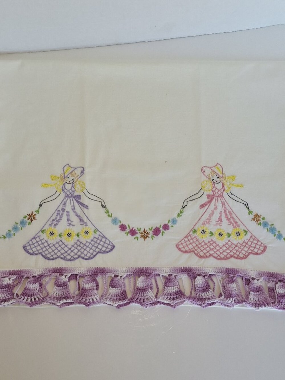 Vintage Embroidered Pillowcases 2 Ladies Big Skirts
